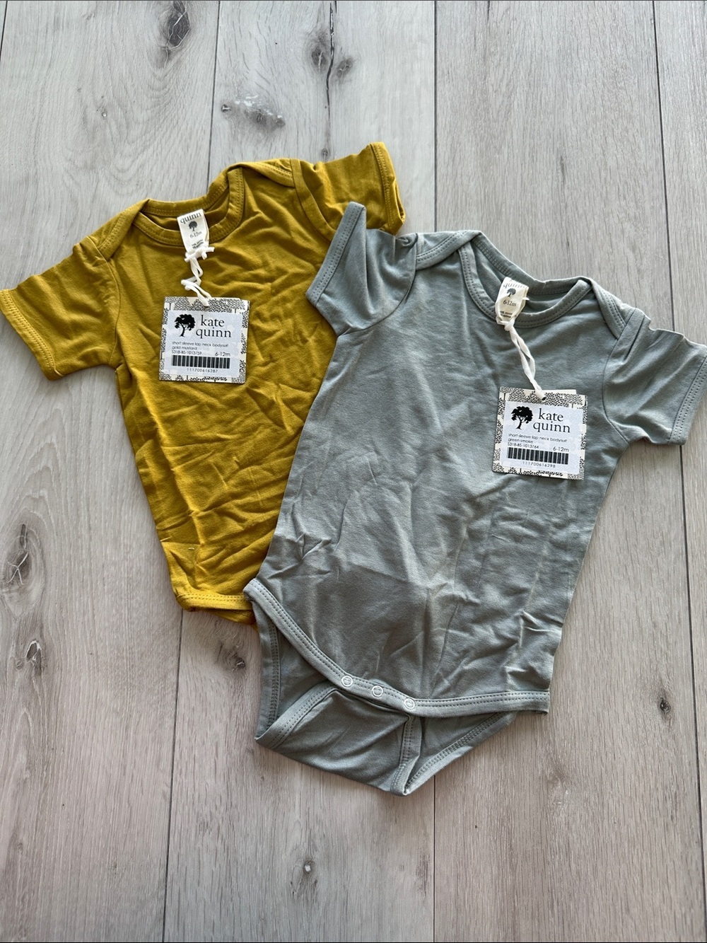 Kate Quinn (2) SS Lap Neck Bodysuit Gold Mustard/Green Smoke 6-12 M NWT IN PKG